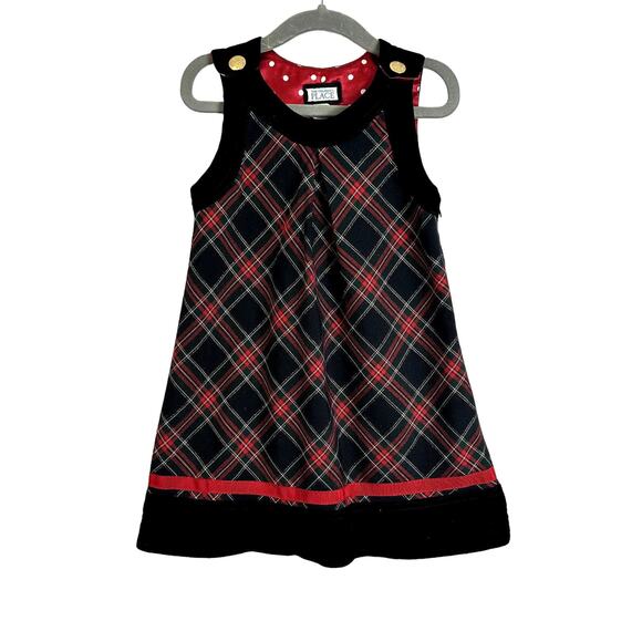 The Children's Place Other - Children's Place Tartan Plaid Dress Pinafore Velvet Girl 3T Black Red Christmas
